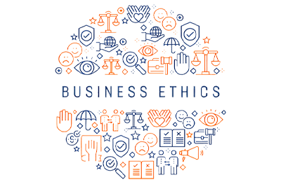 Grafica concettuale sulla Business Ethics e l'etica aziendale con icone di bilancia della giustizia, protezione, trasparenza e responsabilità sociale