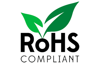 Logo di conformità alla direttiva RoHS Compliant con simboli a foglia verde
